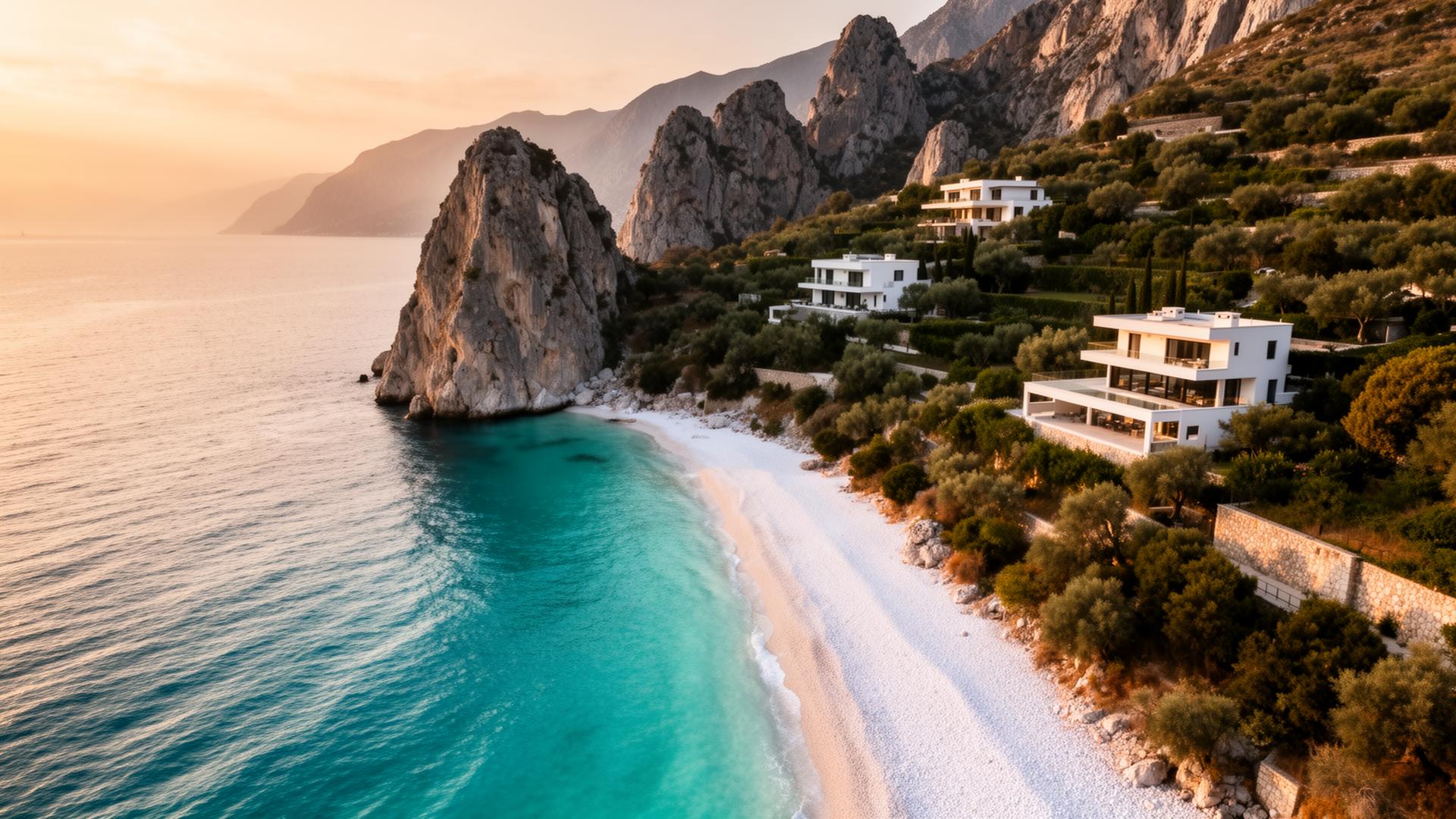 Albanian Riviera coastline at golden hour